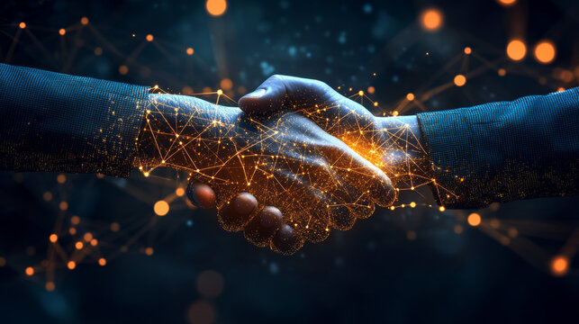 A conceptual illustration of a business network, featuring themes of customer support and professional collaboration through a handshake