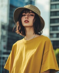 Portrait of a Young Woman in Yellow T Shirt and Khaki Bucket Hat Outdoors in a City