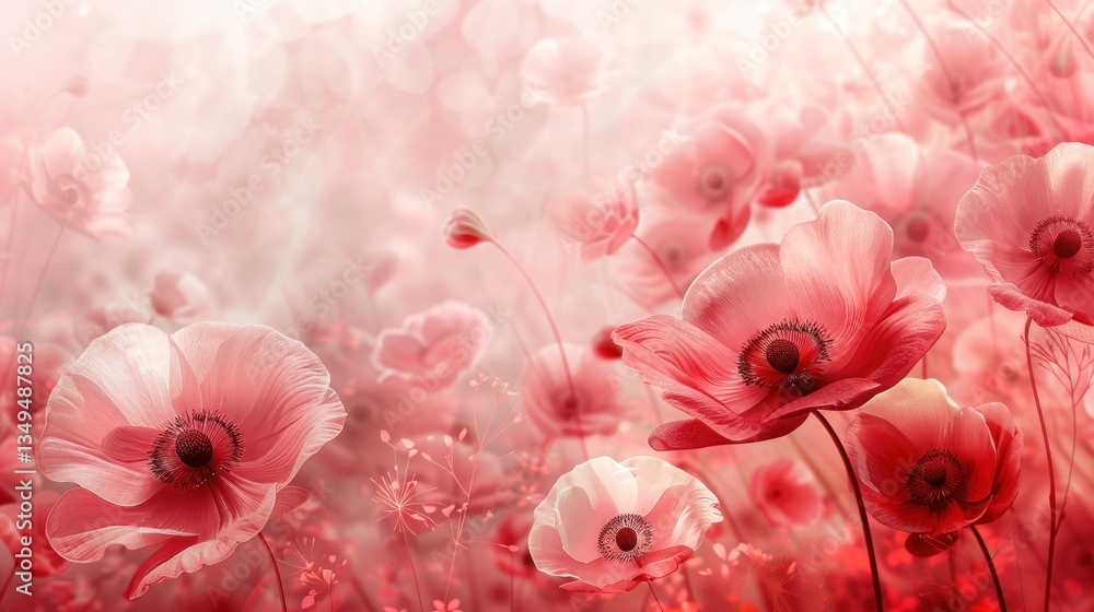 Poster translucent pink flowers merge with a soft watercolor backdrop, creating an ethereal atmosphere