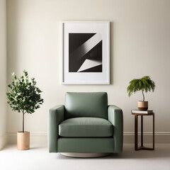 Modern Living Room Interior With Green Plants, Sofa And Green Wall Background
