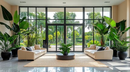 Luxurious living space with large windows, sofas, and tropical plants