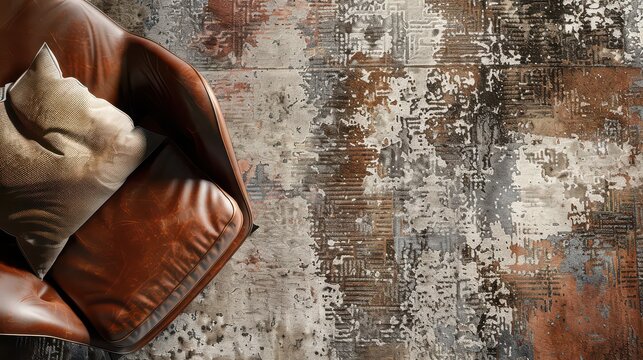 Carpet with rough, industrial elements resembling old metal panels and pipes in muted tones