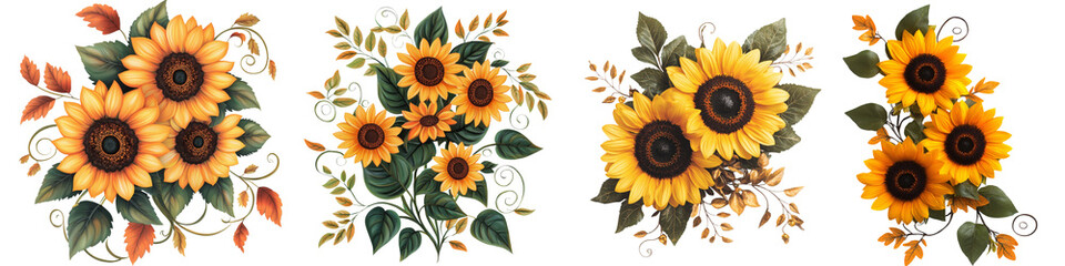 Fototapeta premium Colorful Sunflower Arrangements with Leaves and Floral Elements for Design