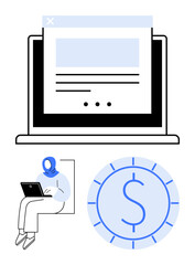 Laptop highlighting web interface, woman working on laptop, dollar coin symbolizing financial opportunities. Ideal for education, remote work, finance, e-commerce, productivity, entrepreneurship