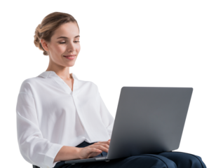 Smiling woman in white blouse working on laptop, isolated on white background. Professional and focused concept
