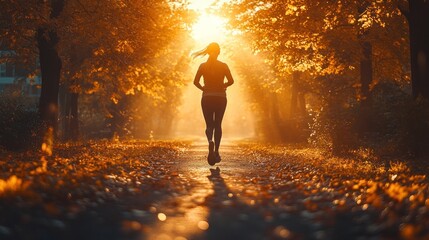 Fototapeta premium Golden Hour Run: A Runner's Silhouette Against Autumnal Glow