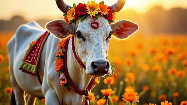 White cow with flower garland in garden, Indian traditional festival Makar Sankranti or Pongal, Lohri