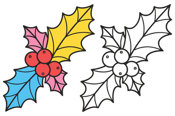 Colorful Holly Berries and Leaves Illustration with Coloring Page Option for Kids and Festive Designs
