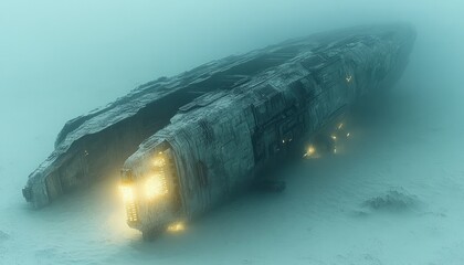 Naklejka premium Sunken alien spacecraft rests on ocean floor, emitting faint light