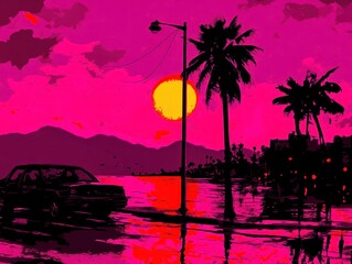 Vibrant sunset over a coastal road with palm trees and a car