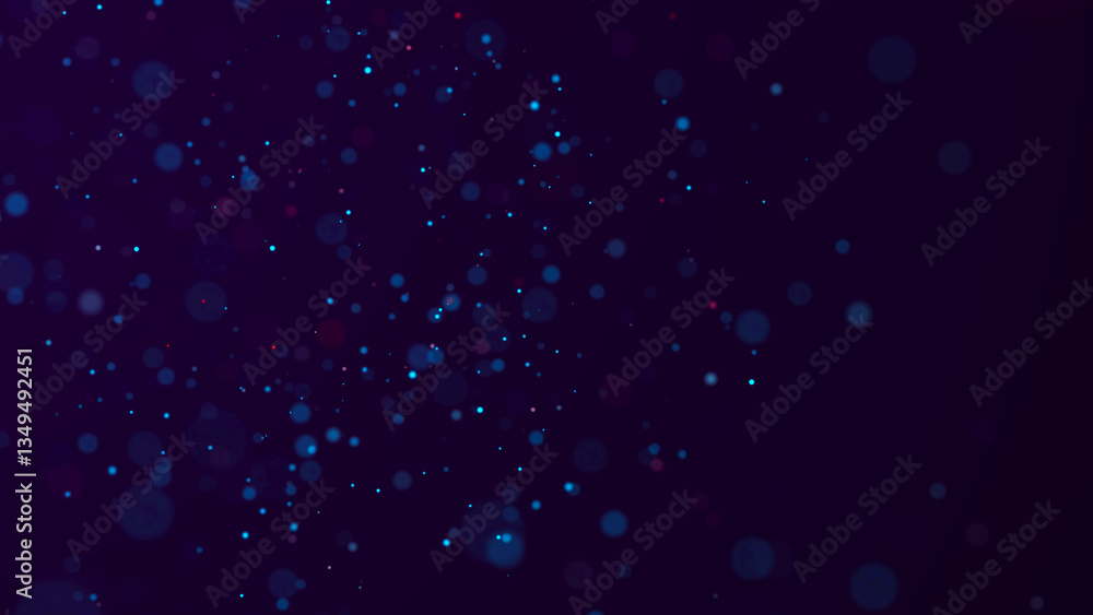 Poster Abstract dust particles with blue light on dark background. Science backdrop with moving glittering dots. Flying particles with effect bokeh. 3d rendering.