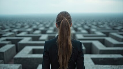 Woman Facing Complex Challenge, Business Maze Concept