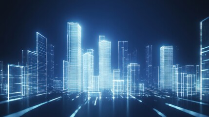 Futuristic city skyline, digital lines, glowing buildings,  business background