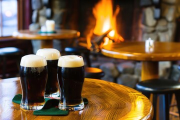 Naklejka premium Pints Of Dark Beer By Cozy Fireplace