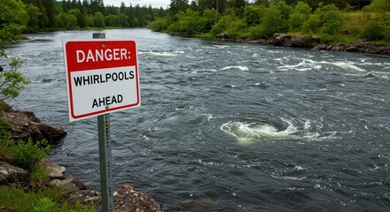 Whirlpools Ahead Warning Sign by River with Fast Moving Water