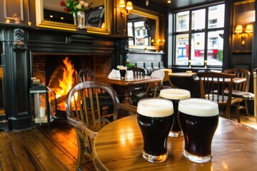 Three Pints Of Beer In Cozy Pub Setting