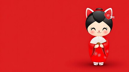 Fototapeta premium Cute Cat Girl Kimono Red Background.