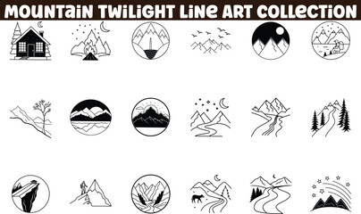 Mountain Twilight Line Art Collection Nature, Landscape, Minimalist Icons
