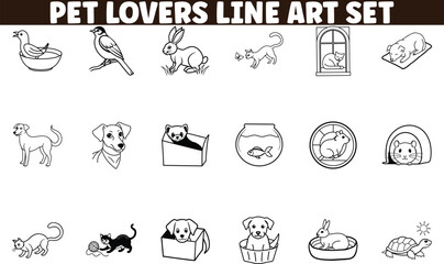 Fototapeta premium Adorable Pet Lovers Line Art Set Cats, Dogs, Birds, Rabbits