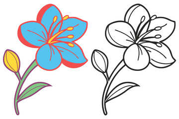 Beautiful Flower Illustration with Coloring Page Design Bright Blue Petals Yellow Center Bud Simple Stem Leaves