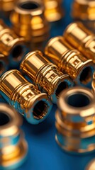 Close-up view of shiny golden mechanical components on a blue background showcasing intricate details and craftsmanship