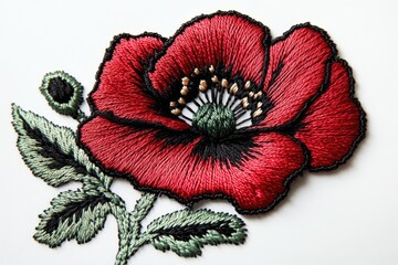 Intricate hand embroidery of a vibrant red poppy flower with detailed green leaves and bud.