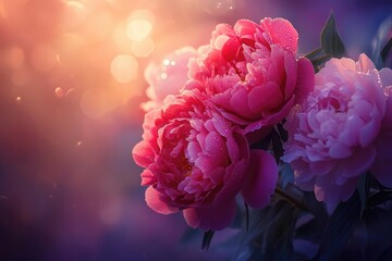 Obraz premium Dew-kissed pink peonies bask in the warm golden sunset glow, creating a breathtaking floral scene.