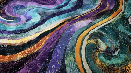 Artistic rug with swirls of bright purple, blue, and green, creating a sense of movement. -