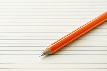 An orange pencil rests on a page with horizontal lines