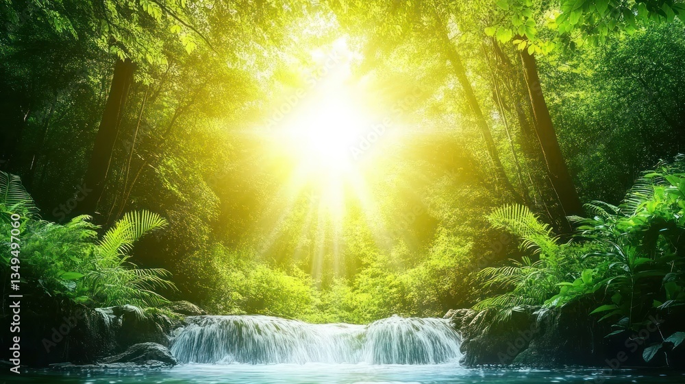 Poster lush green forest with cascading waterfall illuminated by sunlight. sunlight streams through the tre