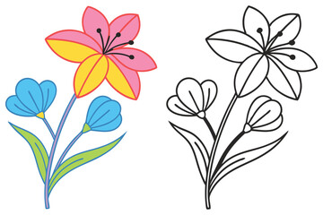 Colorful Flower Bouquet Illustration with a Line Art Version a Pretty Spring Floral Design Perfect for Coloring Pages Cards and More