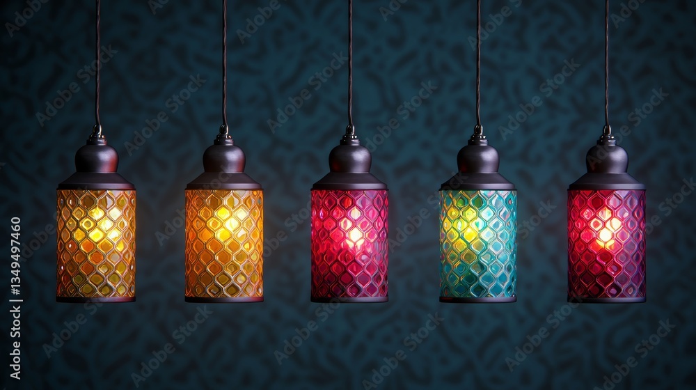 Poster five intricately designed lanterns hang against a dark patterned background, casting colorful light 