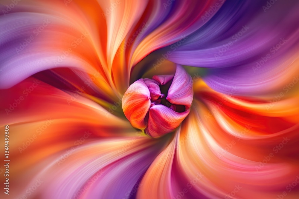 Poster abstract swirl of vibrant orange and purple, resembling a tulip in motion, creating a mesmerizing vi