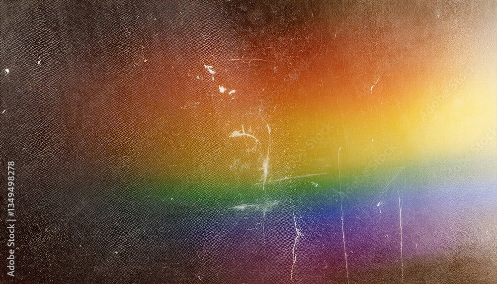 Poster vintage grunge rainbow texture with scratched distressed overlay, retro aesthetic background for design and print projects

