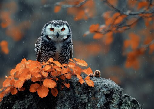 A snowy owl stealthily searches for lemmings among colorful autumn leaves in the Arctic
