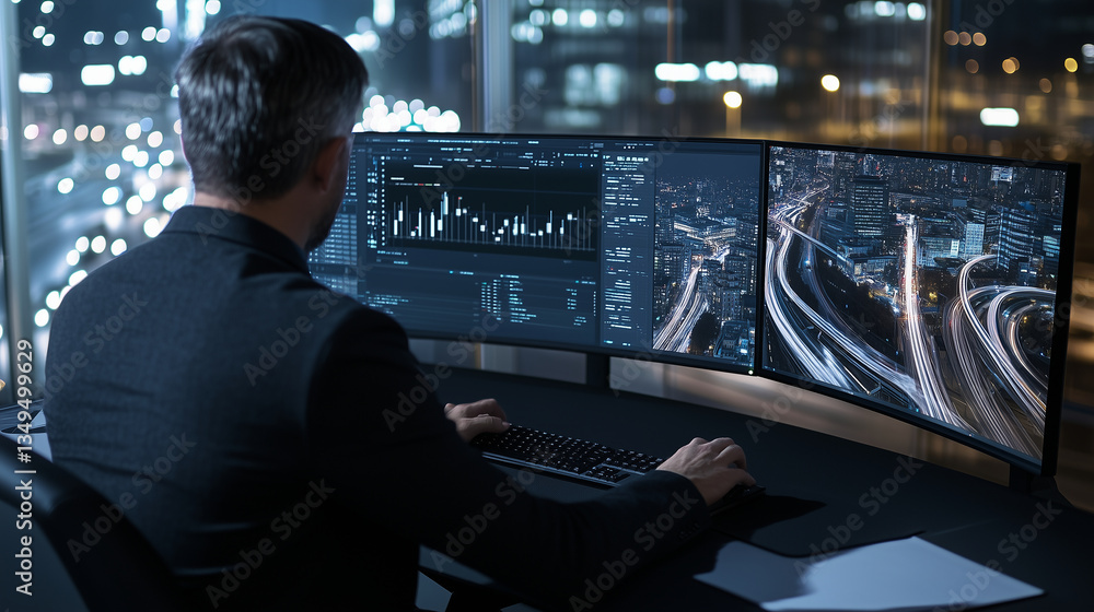 Poster a man in a smart-casual outfit working at his desk, using dual monitors to simulate public transit e