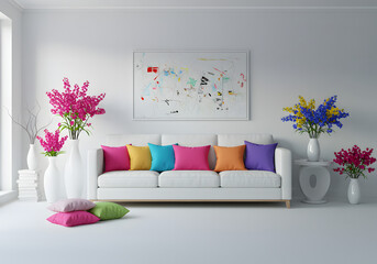Minimalist living room with a cozy white sofa, colorful throw pillows, and bold flower arrangements. Abstract wall art and vibrant decor create a playful yet modern aesthetic