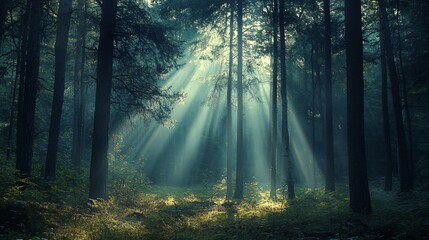 Obraz premium Enchanting Dark Forest with Sunlight Rays Through Trees - Magical Woodland Landscape