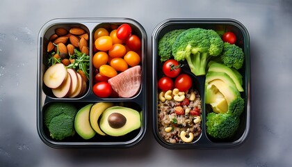 A top-down view of a meal prep container with healthy foods.