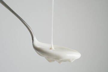 Creamy white liquid pours from a spoon, showcasing its texture and flow.