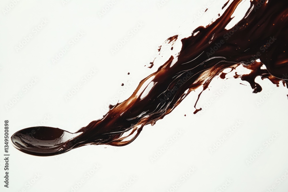 Poster chocolate liquid flows dynamically from a spoon, creating an artistic splash against a white backdro