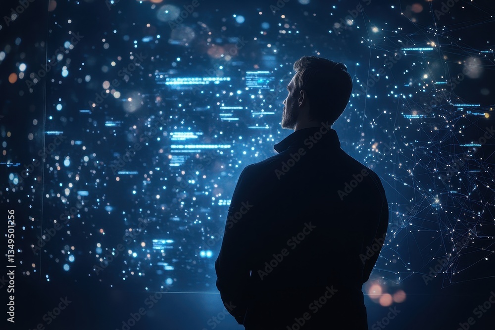 Aufkleber person exploring digital data visualizations in dark environment
