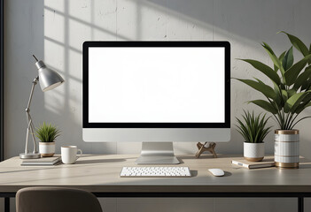 Fototapeta premium Modern home office workspace mockup with blank computer screen for website, branding, and logo presentation.