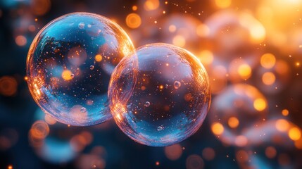 Two luminous spheres float amidst a bokeh of warm light