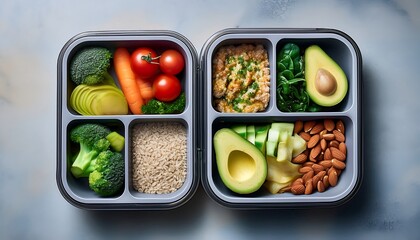 A top-down view of a meal prep container with healthy foods.