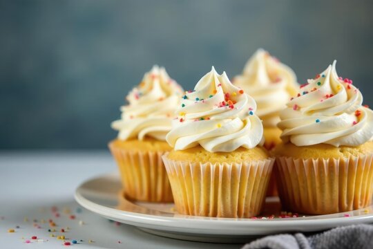 Stack of moist vanilla cupcakes topped with swirled frosting and sprinkles, swirled frosting, baking