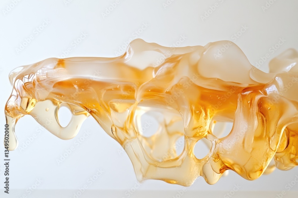 Poster amber liquid flowing, creating abstract shapes and textures with dripping edges.