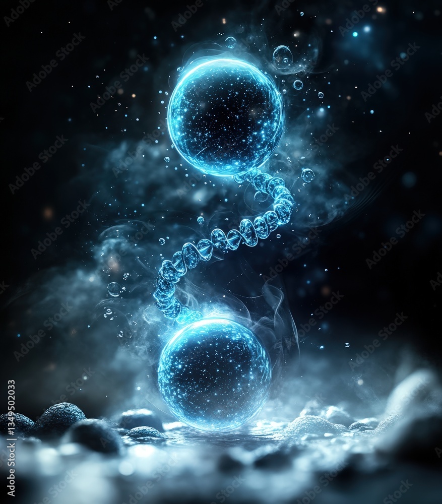 Poster a glowing, abstract representation of two spheres connected by a chain in a misty, ethereal environm