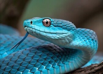 Obraz premium Blue viper snake closeup face. head of viper snake. blue viper snake in its natural habitat. Blue viper 