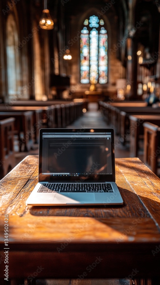 Poster soft sunlight filters through stained glass windows, illuminating a solitary laptop on a rustic tabl